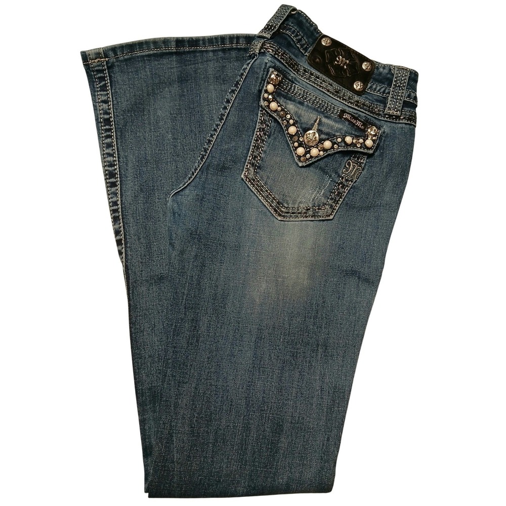 Miss Me Signature Bootcut Jeans Womens 30 Medium Wash Pearl Rhinestone JP7237B